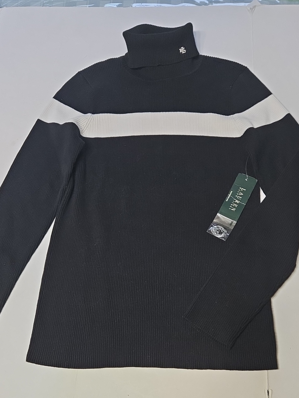 Ralph Lauren NWT 100% Cotton Black Turtleneck Sweater with White Chest Band